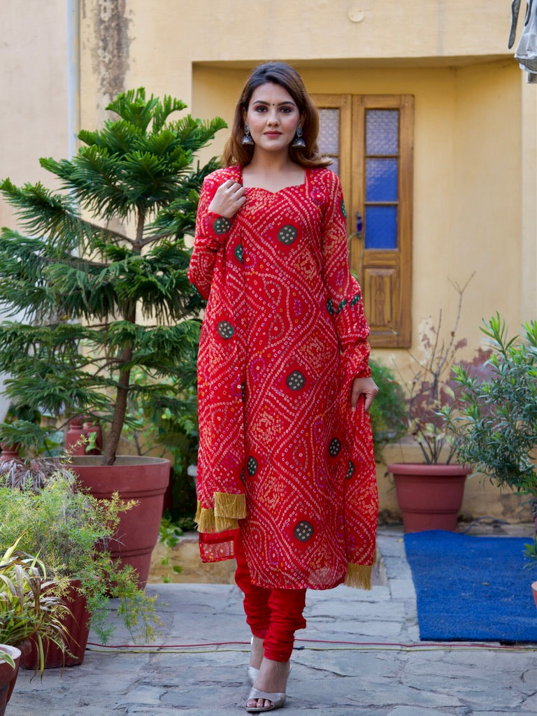 Designer Orange Bandhani Suit in Rich Handwork - Rana's by Kshitija